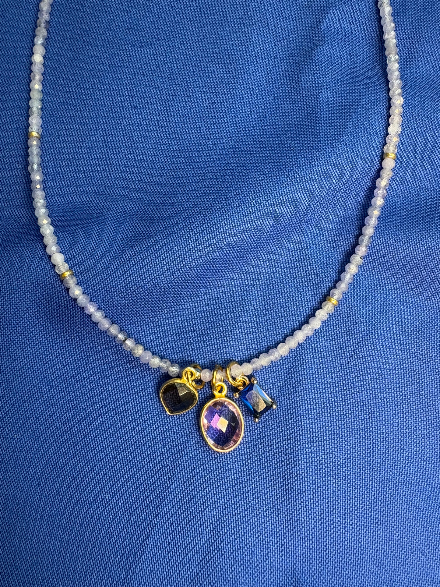 Tanzanite Necklace with Smoky Quartz, Amethyst & Royal Blue Charms – 16.5” + Optional 2” Gold-Filled Extender