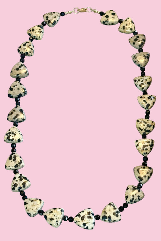 "Celestial Speckle" Dalmatian Jasper and Black Spinel Necklace with 14K Gold Fill Clasp