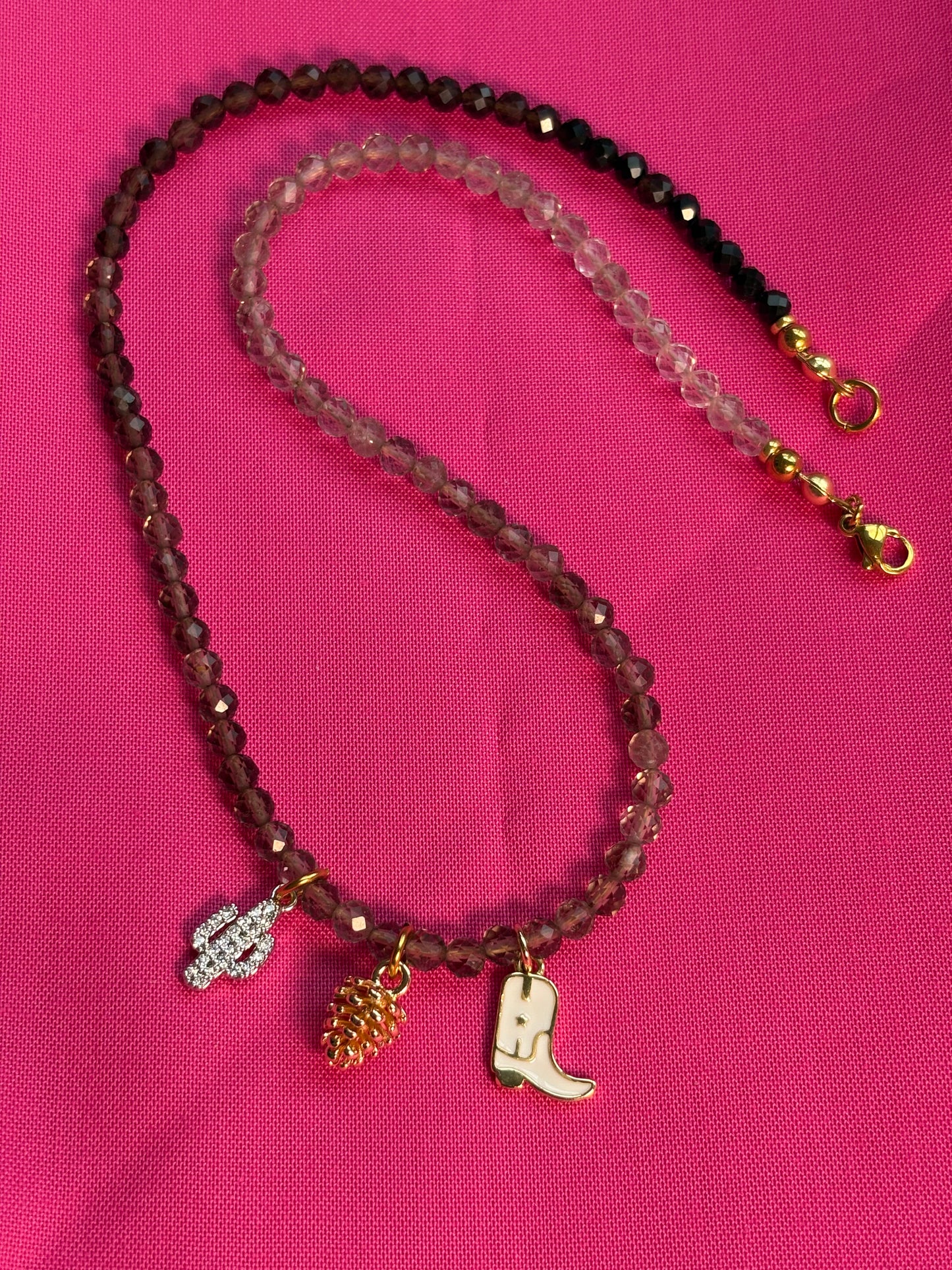 Smoky Quartz Ombré Necklace with Pinecone, Boot & Cactus Charms – 16.5” + Optional 2” Waterproof PVD Extender