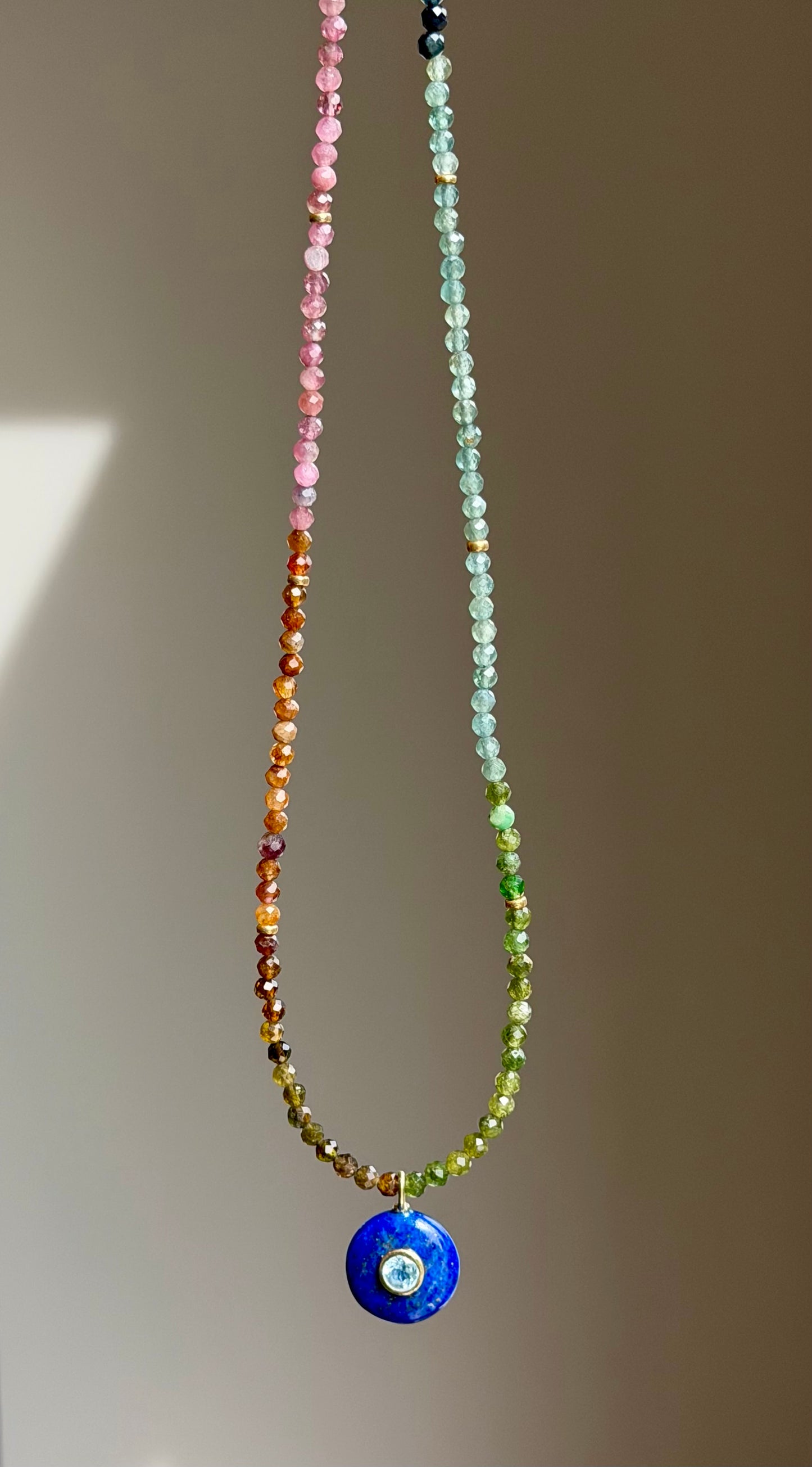 Tourmaline Twinkle Necklace with Lapis and Blue Topaz Pendant | Gemstone Necklace (16.5")