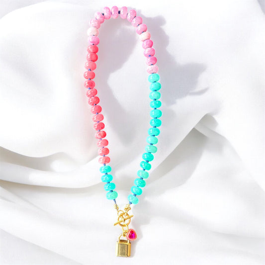Cotton Candy Crush Necklace – Silk-Knotted Pastel Gemstones with Gold Lock & Pink Heart