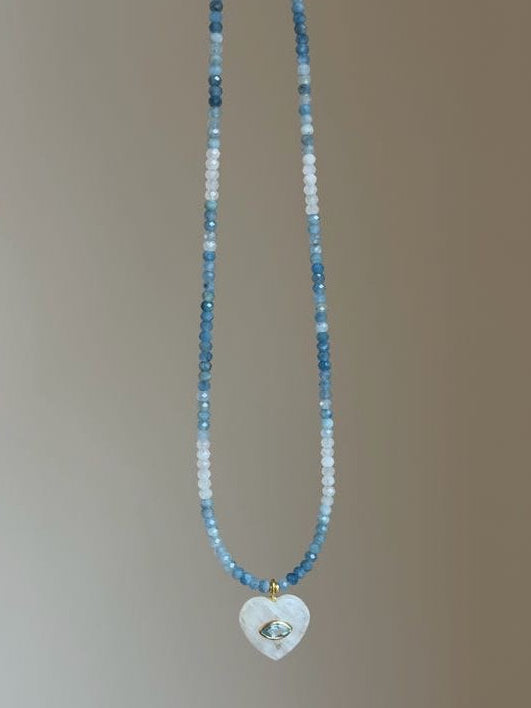 Candy Heart Aquamarine Necklace | Moonstone & Blue Topaz Heart Charm | 16.5"