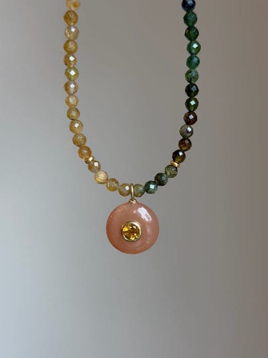 Peach Sorbet Tourmaline Necklace | Peach Moonstone & Citrine Charm | 16.5"