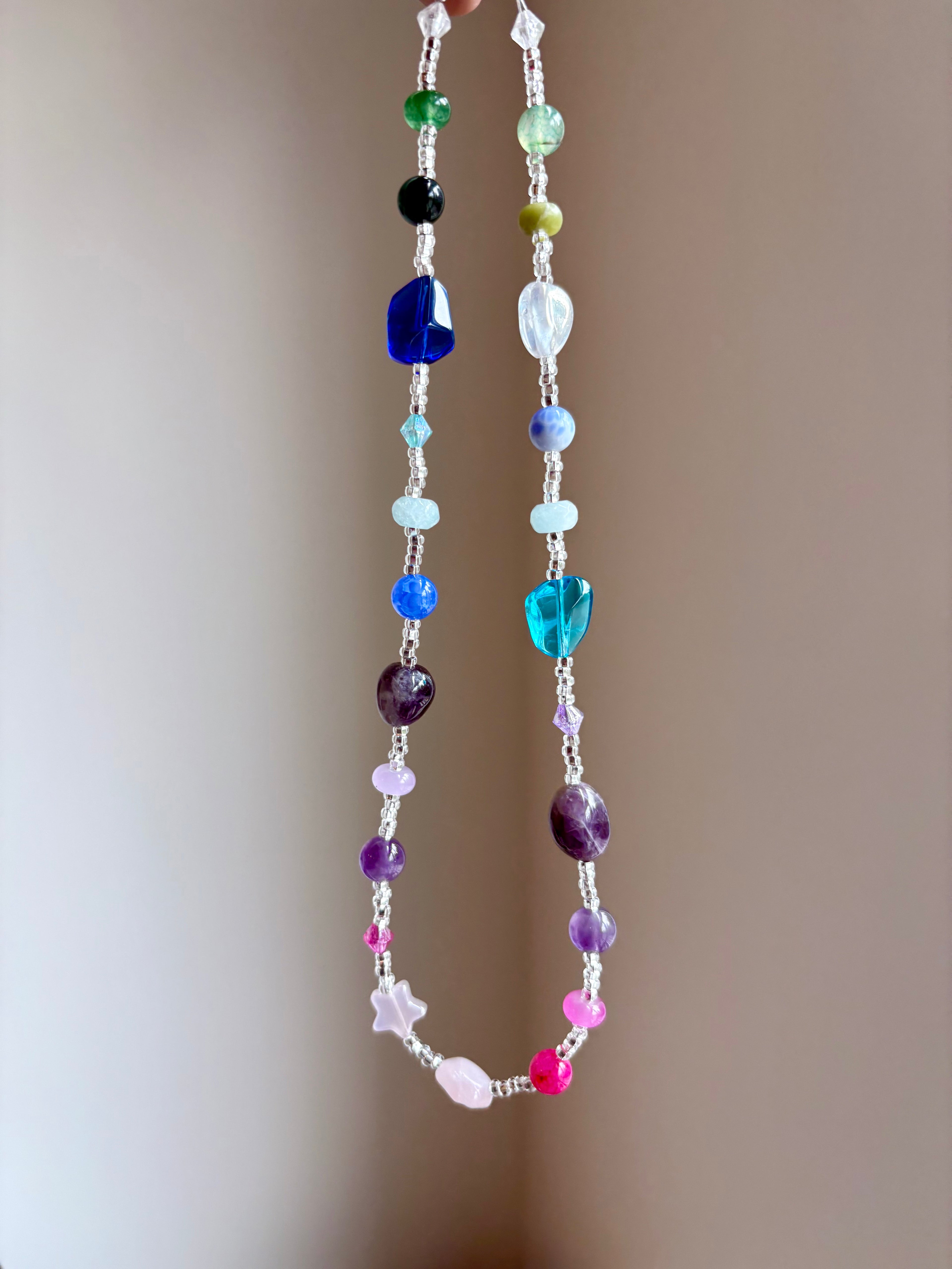 Iris | Semi-Precious Stone Beaded Necklace – Agate, Rose Quartz, Amethyst & Aventurine – Handmade Gemstone Jewelry