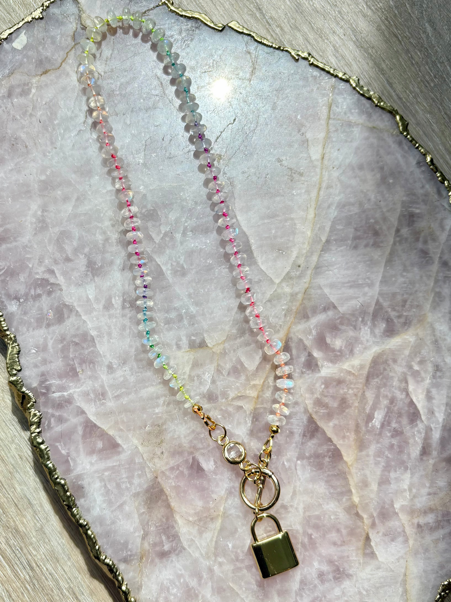 Rainbow Moonstone Necklace – Knotted Rainbow Silk, 18K Gold Toggle & 14K Gold Lock Charm | 15" Handmade Gemstone Jewelry