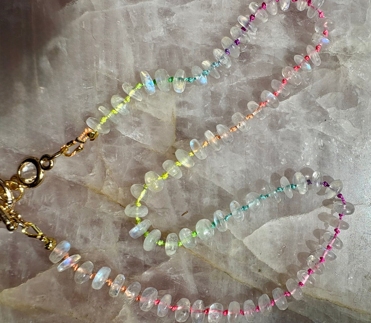 Rainbow Moonstone Necklace – Knotted Rainbow Silk, 18K Gold Toggle & 14K Gold Lock Charm | 15" Handmade Gemstone Jewelry