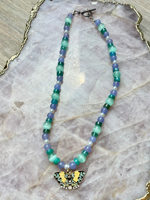 Butterfly Charm Necklace – Aqua Cat’s Eye, Quartz, Green Agate  | 15" with Nickel-Free Silver Toggle Clasp