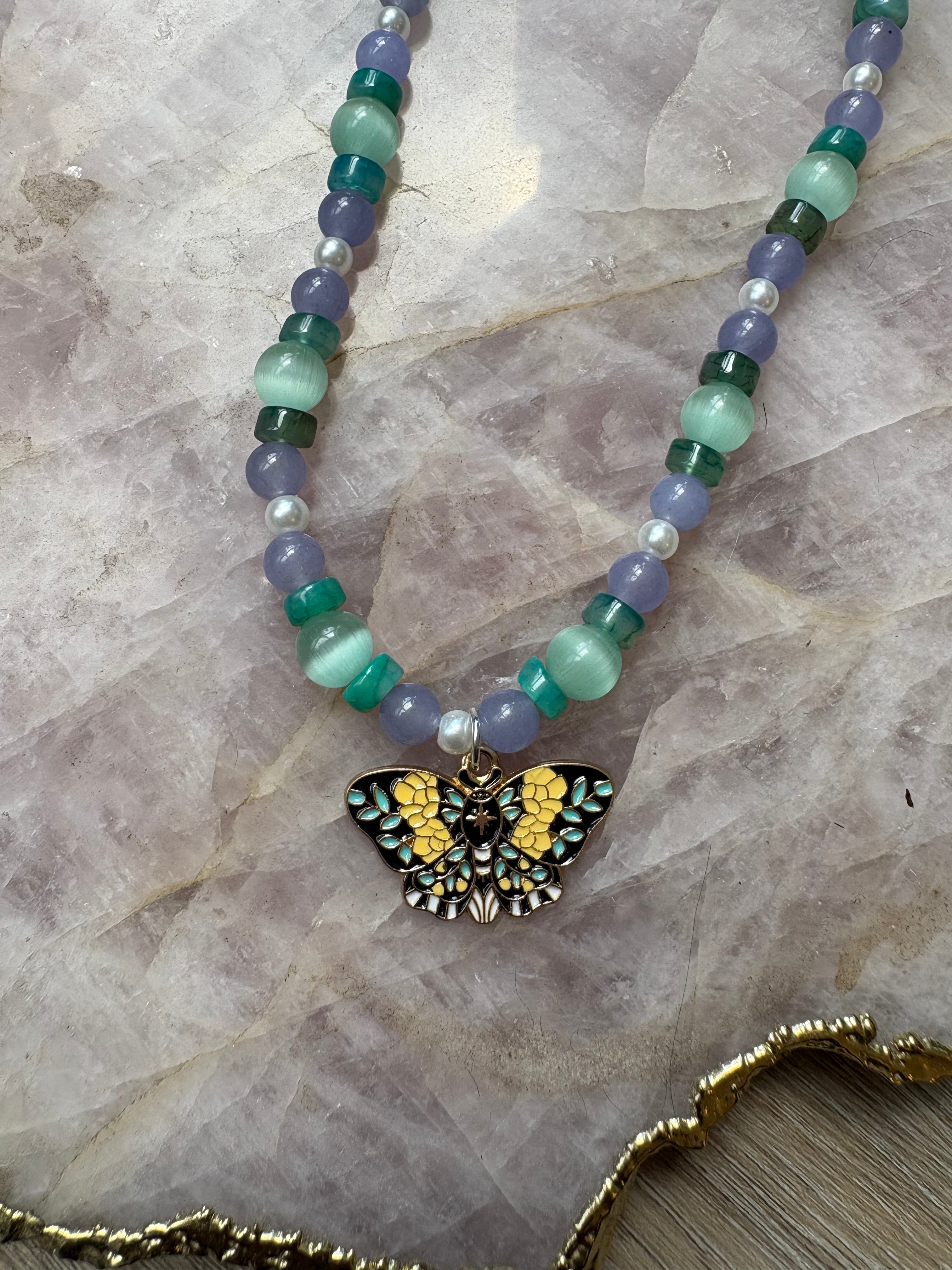 Butterfly Charm Necklace – Aqua Cat’s Eye, Quartz, Green Agate  | 15" with Nickel-Free Silver Toggle Clasp