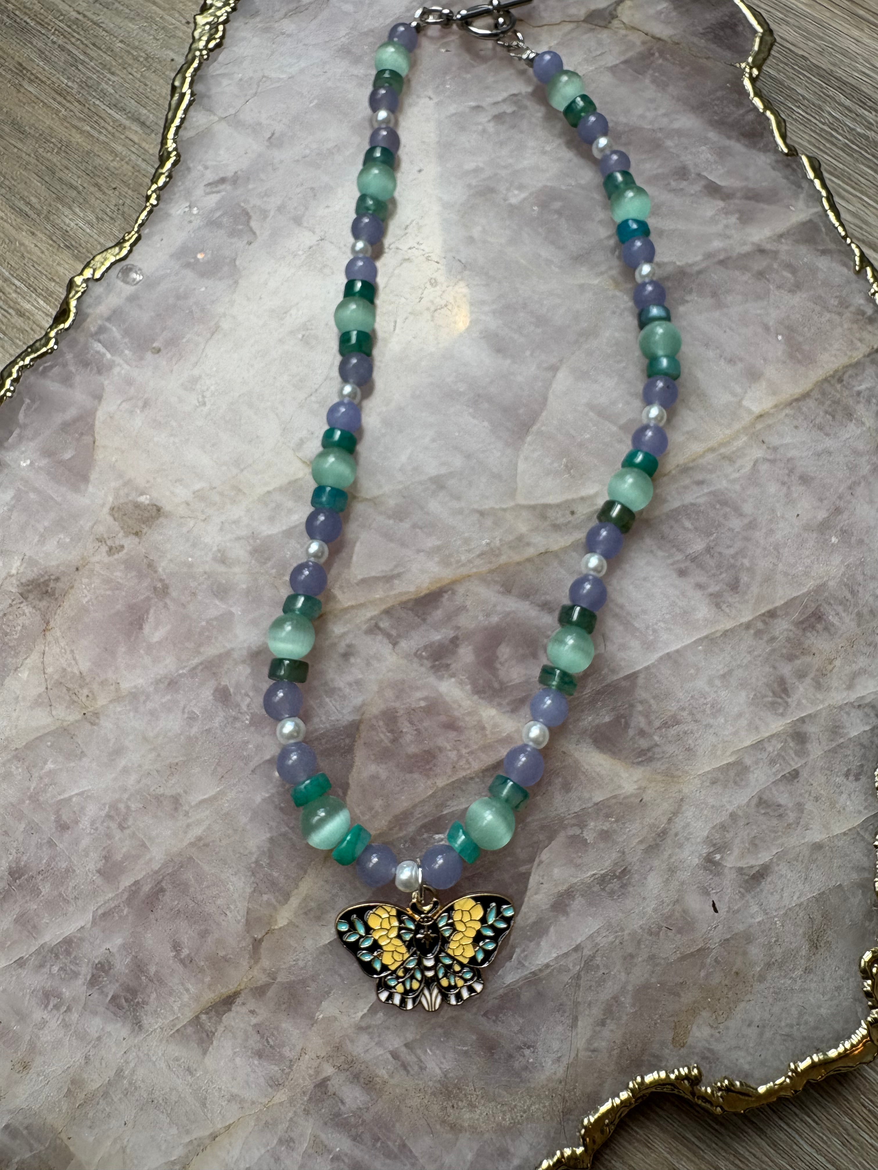 Butterfly Charm Necklace – Aqua Cat’s Eye, Quartz, Green Agate  | 15" with Nickel-Free Silver Toggle Clasp