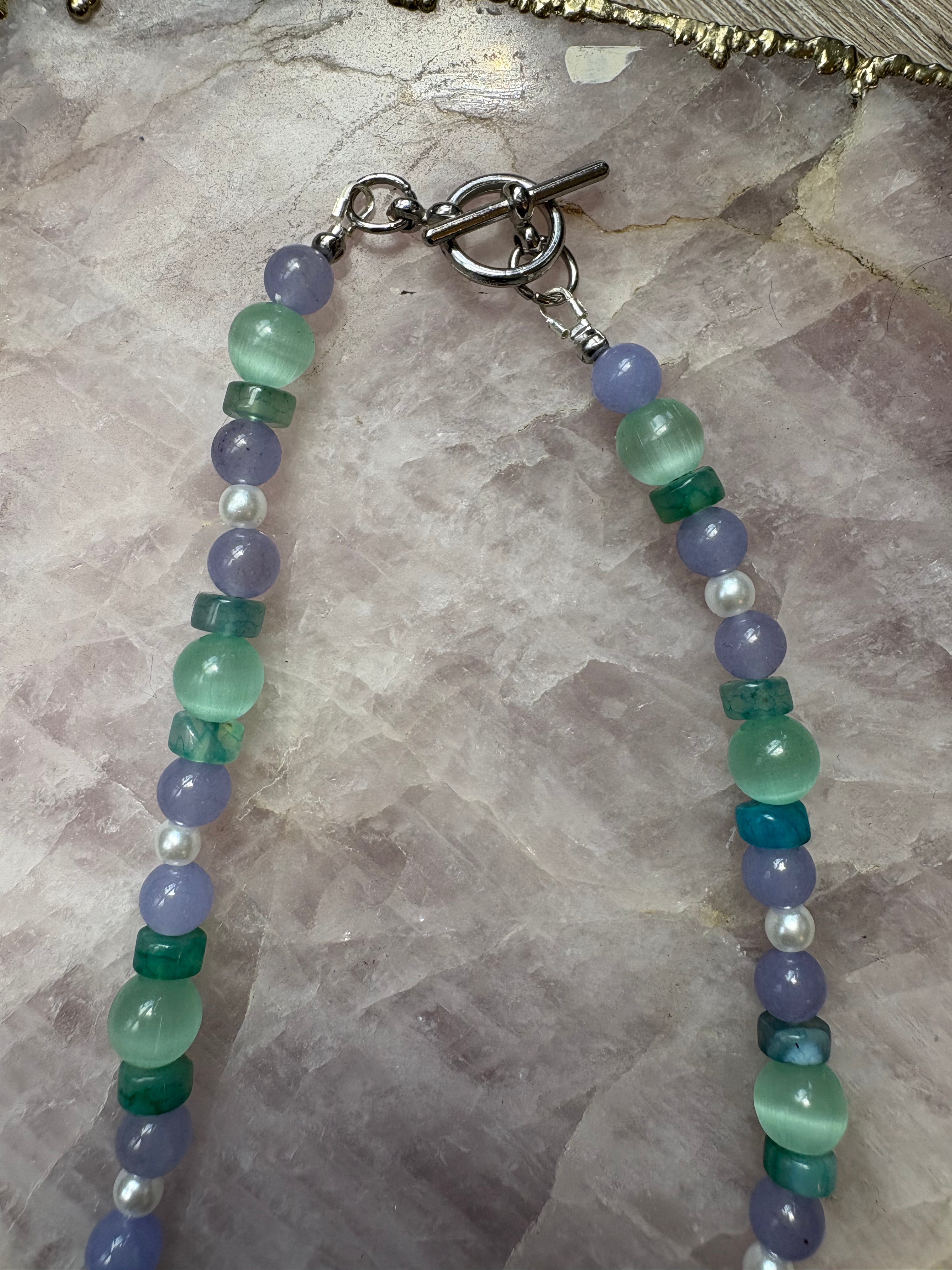 Butterfly Charm Necklace – Aqua Cat’s Eye, Quartz, Green Agate  | 15" with Nickel-Free Silver Toggle Clasp