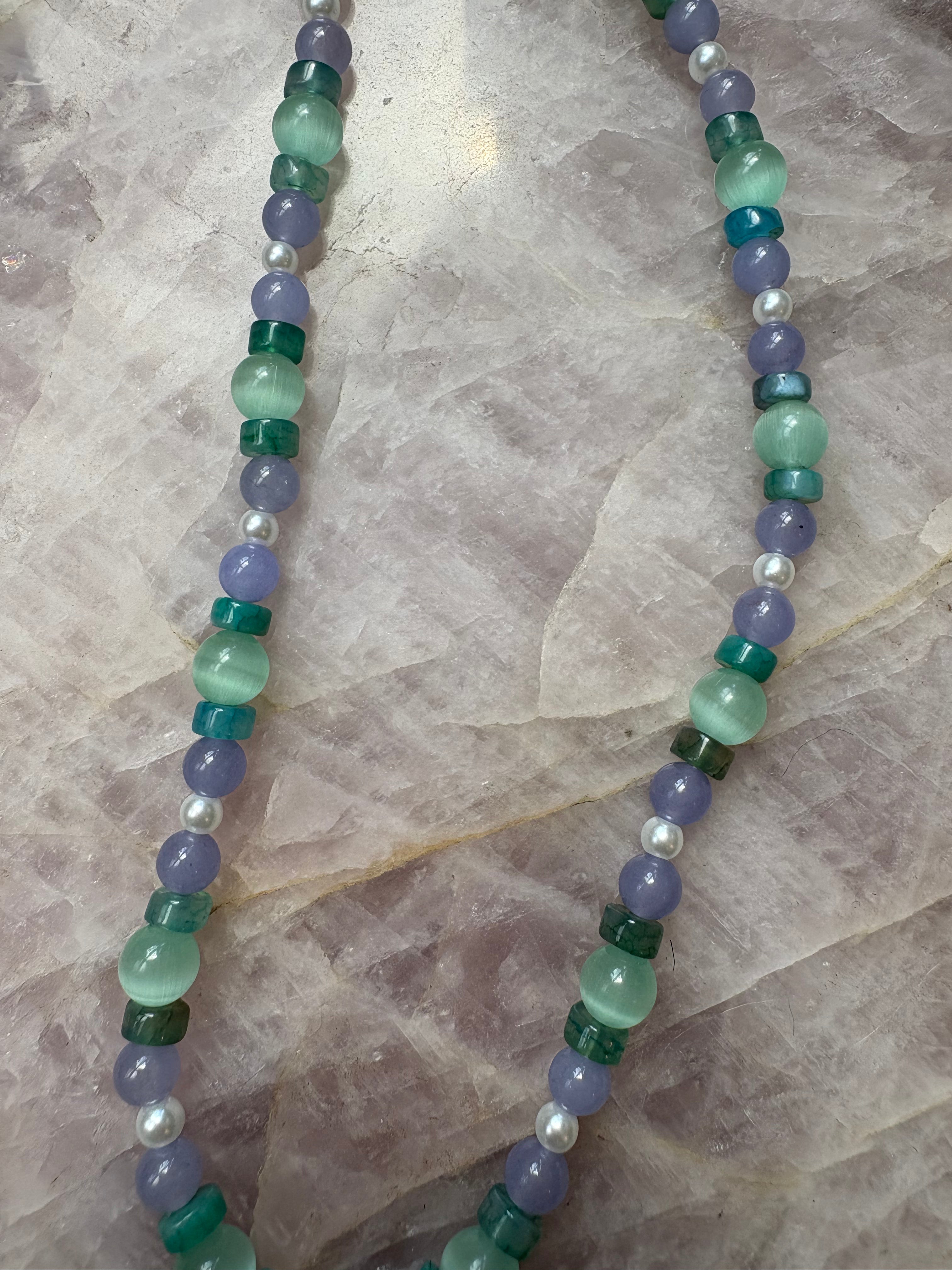 Butterfly Charm Necklace – Aqua Cat’s Eye, Quartz, Green Agate  | 15" with Nickel-Free Silver Toggle Clasp