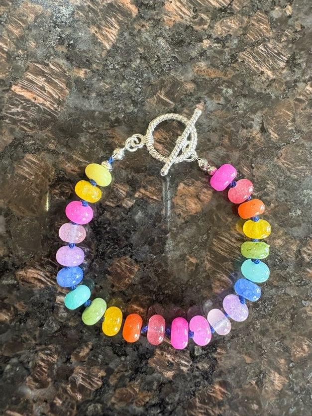 Cosmic Candy| Rainbow Gemstone Bracelet – Quartz & Quartzite on Knotted Silk with 18K Gold Toggle Clasp