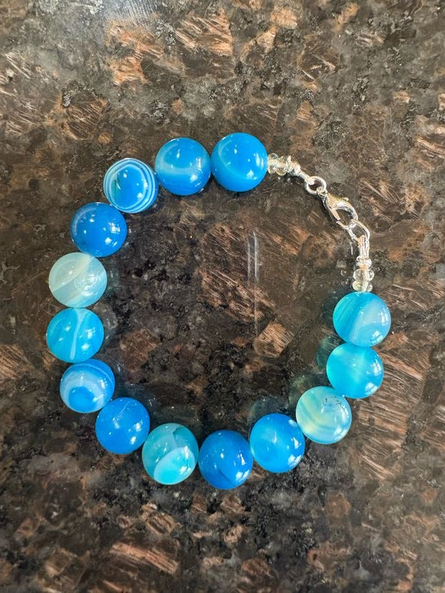 Blueberry Gumball Bracelet – Blue Agate & Citrine Gemstone Beads, Silver Lobster Clasp