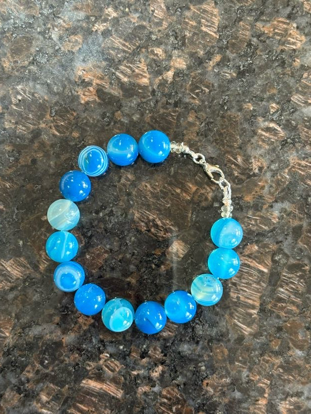 Blueberry Gumball Bracelet – Blue Agate & Citrine Gemstone Beads, Silver Lobster Clasp
