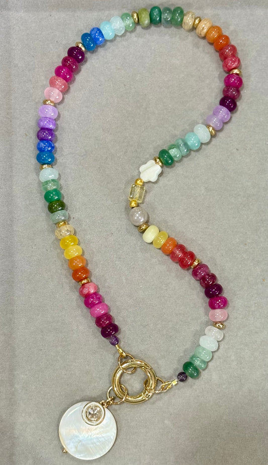 Rainbow Jade and Shell Charm Necklace
