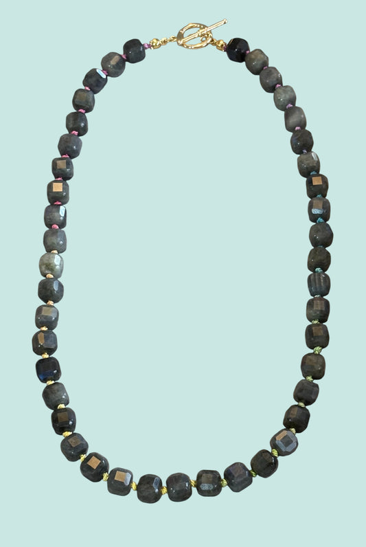 "Twilight Prism" Labradorite Silk Knot Necklace Gold Fill Toggle Clasp