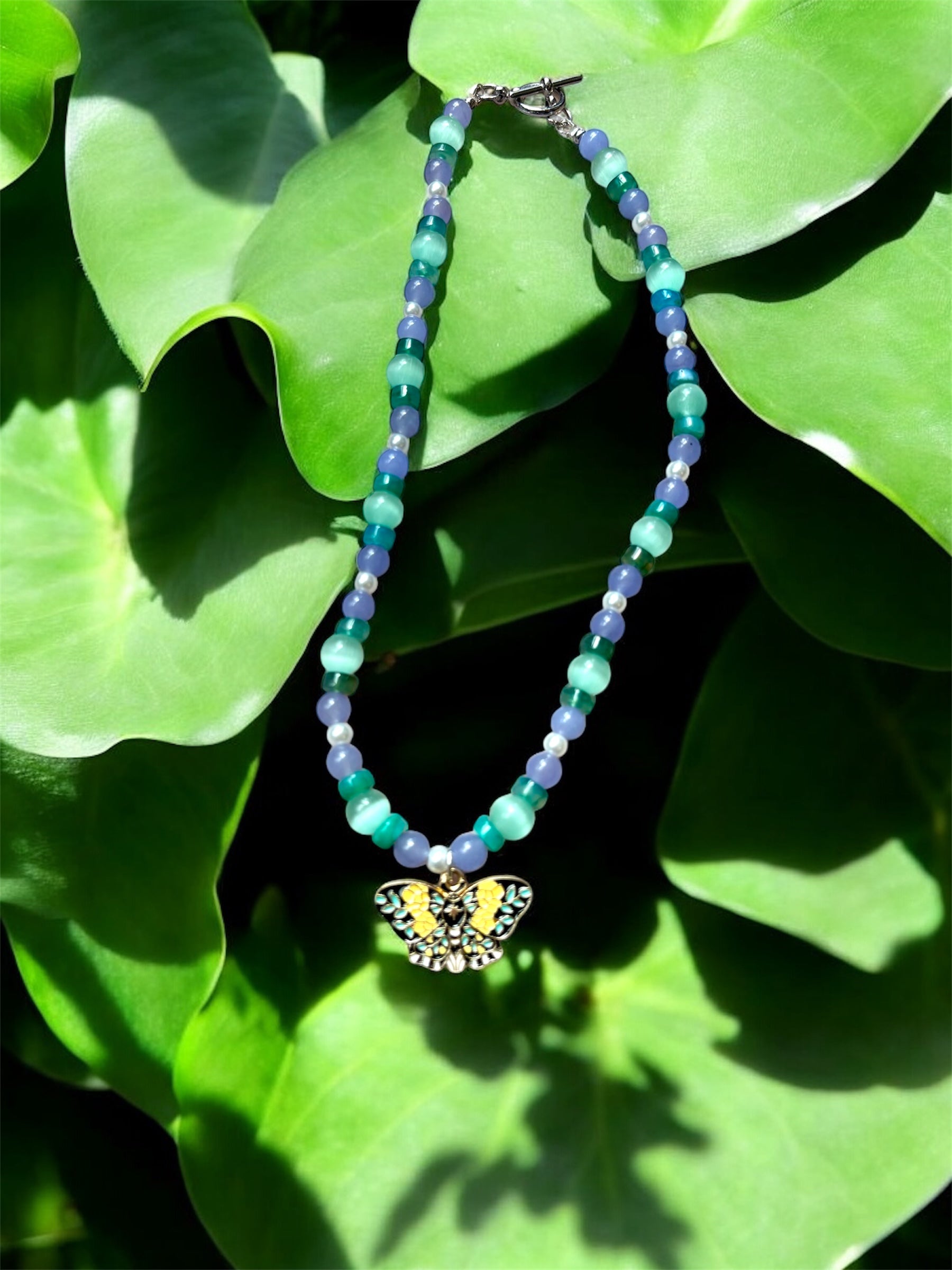 Butterfly Charm Necklace – Aqua Cat’s Eye, Quartz, Green Agate  | 15" with Nickel-Free Silver Toggle Clasp