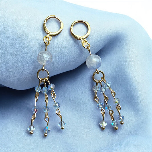 Blue Agate & Czech Crystal Earrings | 18K Gold Plated Huggies