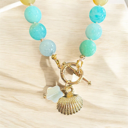 Morganite Silk-Knotted Necklace – 18K Gold Toggle Clasp,  Gold Plated Shell & Flower Charms