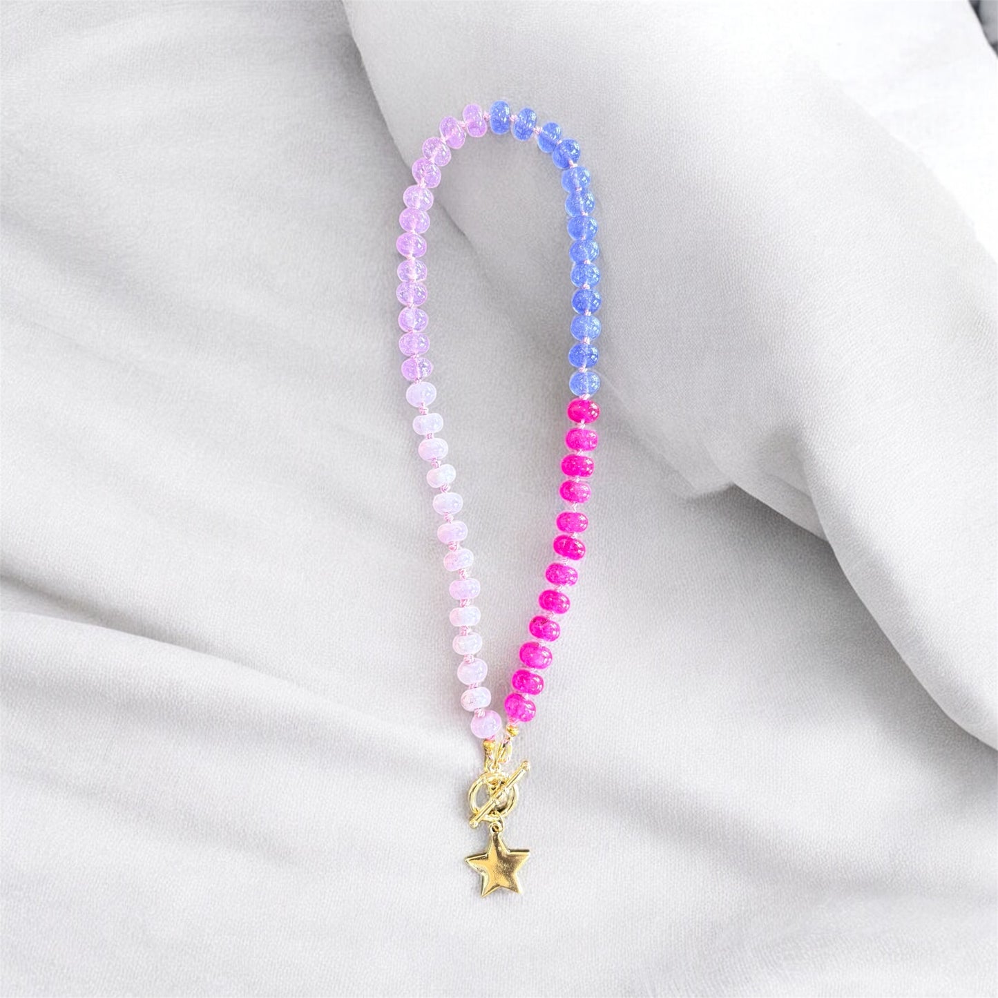 Purple Reign Necklace – Silk-Knotted Quartz & Quartzite, 18K Gold Toggle, 14K Gold Star Charm