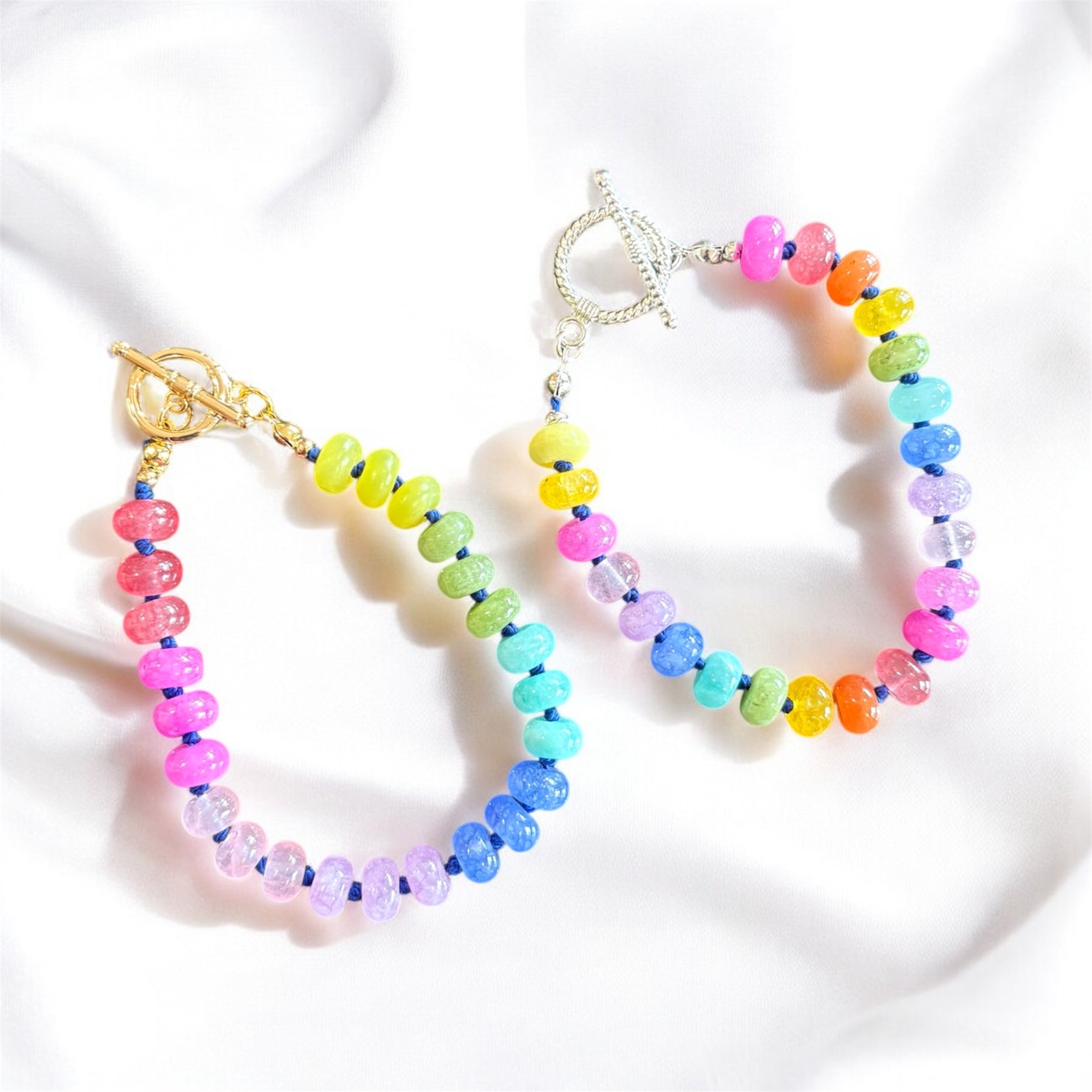Cosmic Candy| Rainbow Gemstone Bracelet – Quartz & Quartzite on Knotted Silk with 18K Gold Toggle Clasp