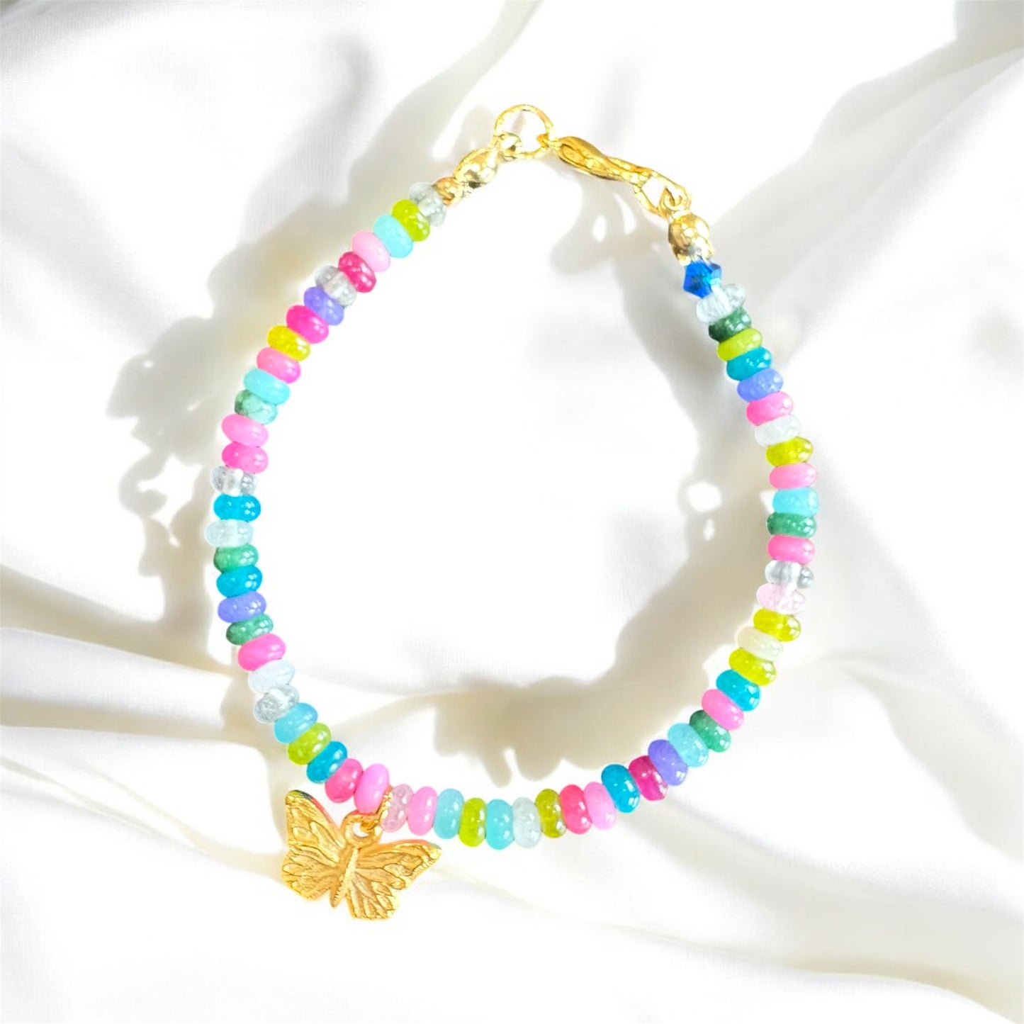 Butterfly Era Bracelet – Rainbow Mixed Stone Beads, 10K Gold Butterfly Charm, Gold Lobster Clasp