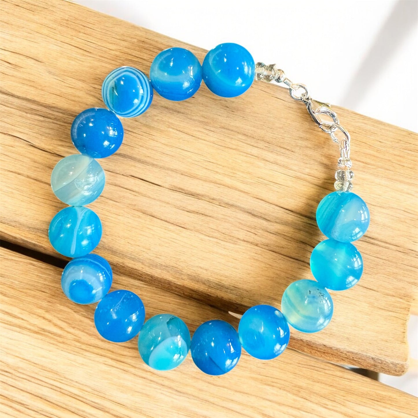 Blueberry Gumball Bracelet – Blue Agate & Citrine Gemstone Beads, Silver Lobster Clasp