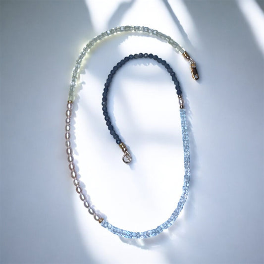 Prehnite, Freshwater Pearl, Topaz + Sapphire Twinkle Necklace