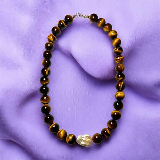 Tigers Eye, Freshwater Pearl + Sterling Silver