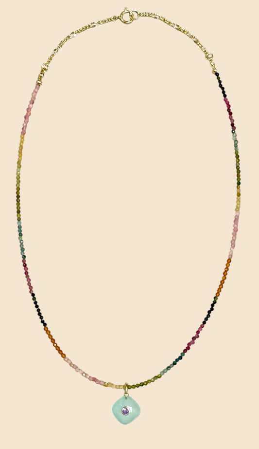 "Blue Ember" Tourmaline Necklace with Chalcedony and Amethyst Charm