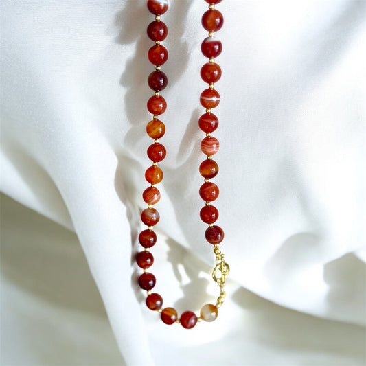 Carnelian Gemstone Necklace – 17.5" with 18K Gold-Filled Beads & Gold Plated Toggle Clasp