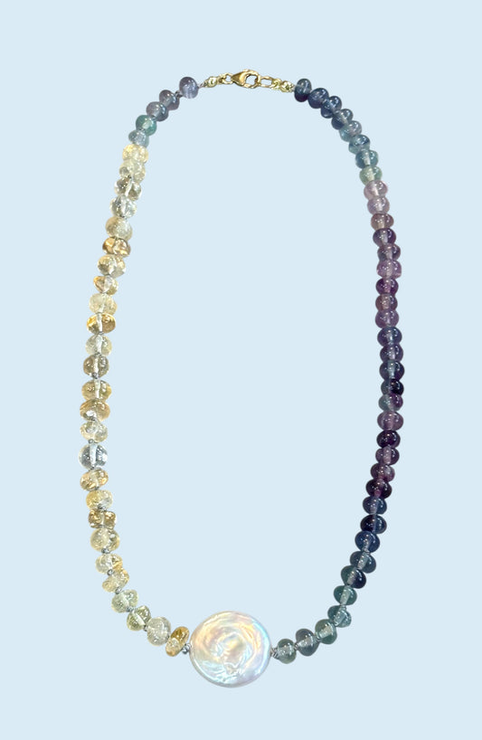 "Golden Hour" Silk-Knot Citrine, Fluorite, Freshwater Pearl Necklace, 14K Gold Fill Clasp