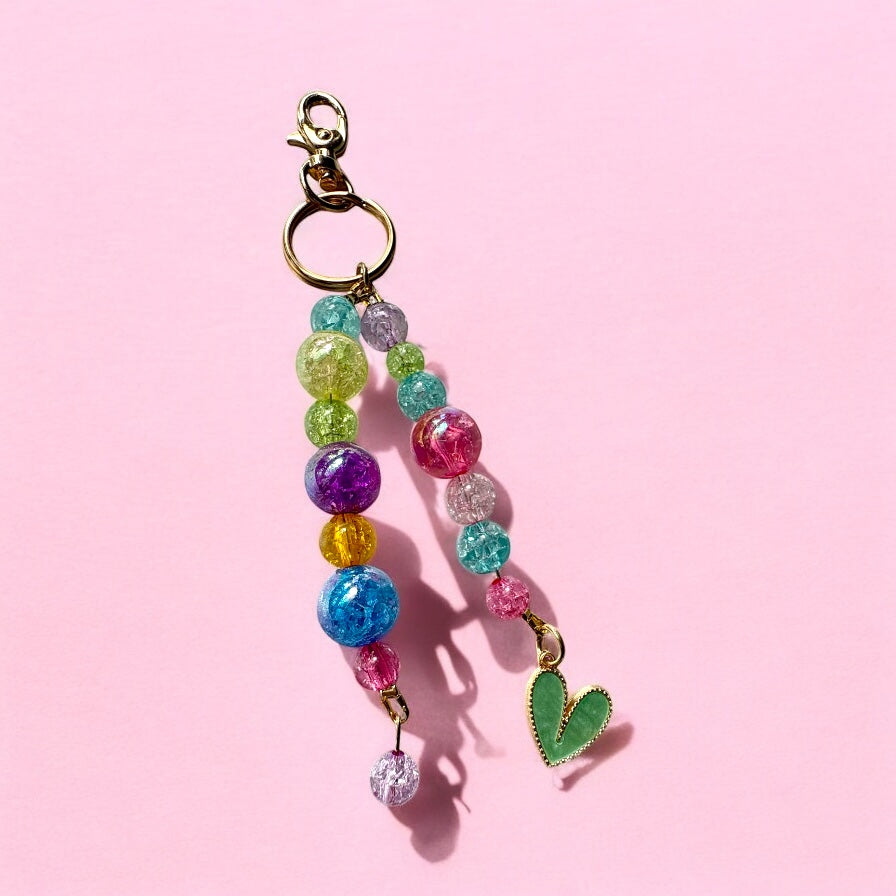 Bag Charm – Rainbow Crackle Beaded Keychain with Heart Charm & Gold Clip