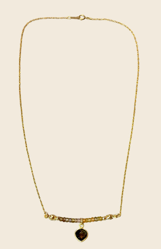 "Forest Frost" Tundra Sapphire Necklace with a Smoky Quartz charm on a 14K Gold Filled Chain