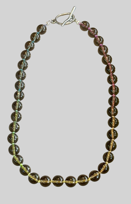 "Ash & Aura" Smoky Quartz Silk Knot Necklace, Stainless Steel Toggle Clasp