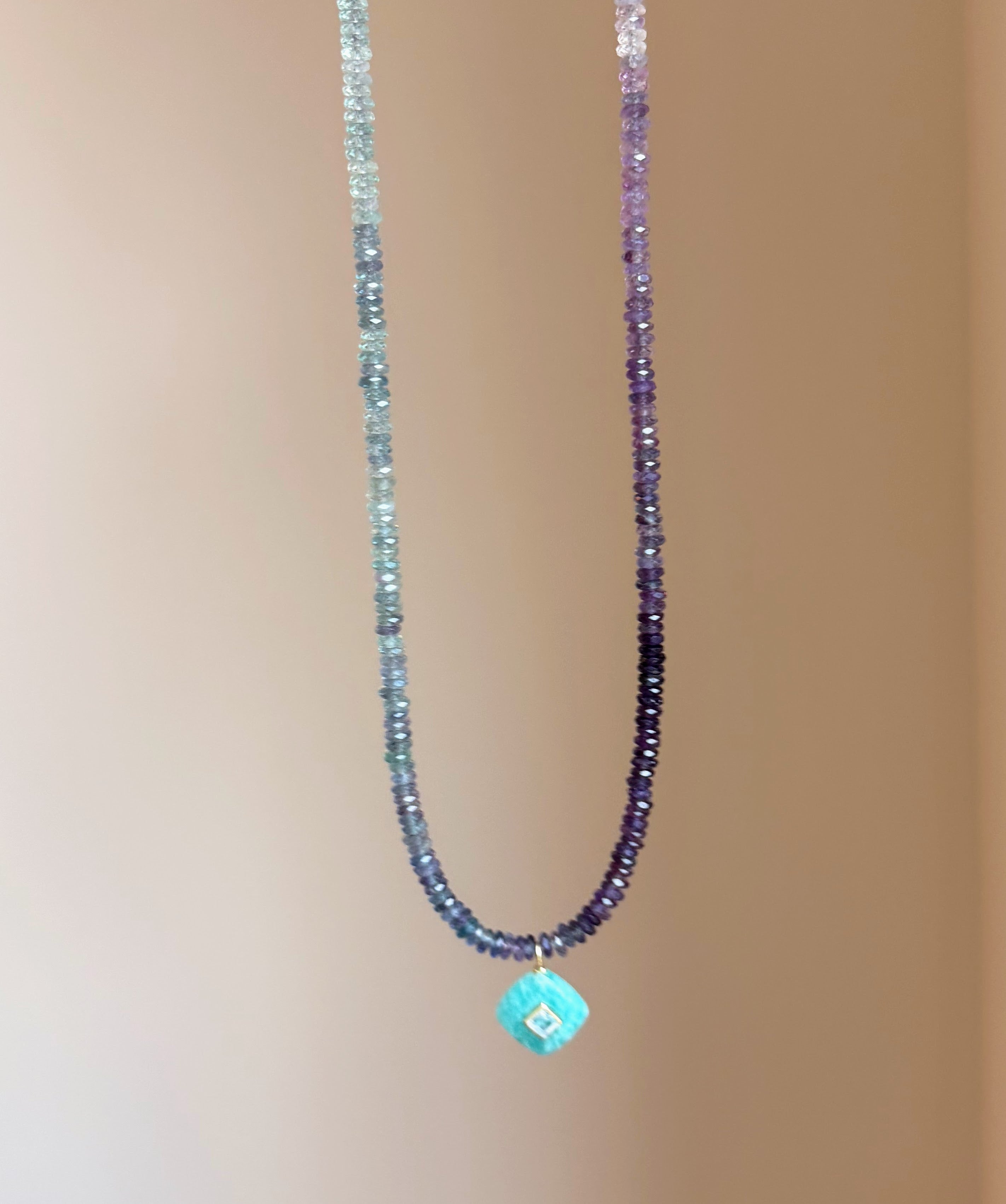 Violet Ganache Fluorite Necklace | Amazonite & Blue Topaz Diamond Charm | PVD Gold Clasp | 17"