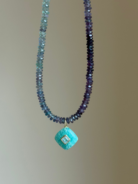 Violet Ganache Fluorite Necklace | Amazonite & Blue Topaz Diamond Charm | PVD Gold Clasp | 17"